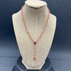 Y Drop Necklace 17 In Barbie Pink Rhinestone Gold Hook Retro Soft Girl Cottage